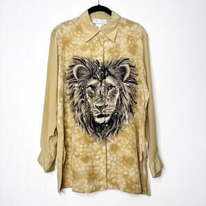 Diane Gilman Silk Lion Sequin Blouse Gold Safari Leo Statement Top NWT Small